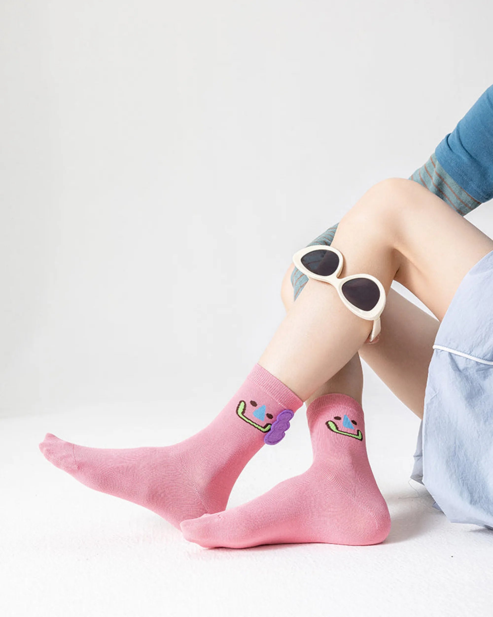 Sweetnana Animal Jacquard Cotton Knit Crew Socks Pink-1 | PHAIGINA
