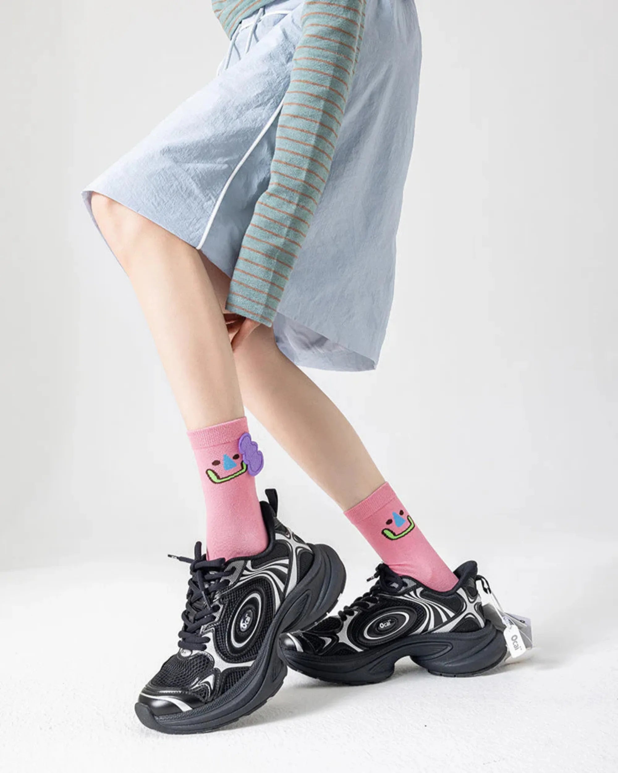 Sweetnana Animal Jacquard Cotton Knit Crew Socks Pink-2 | PHAIGINA